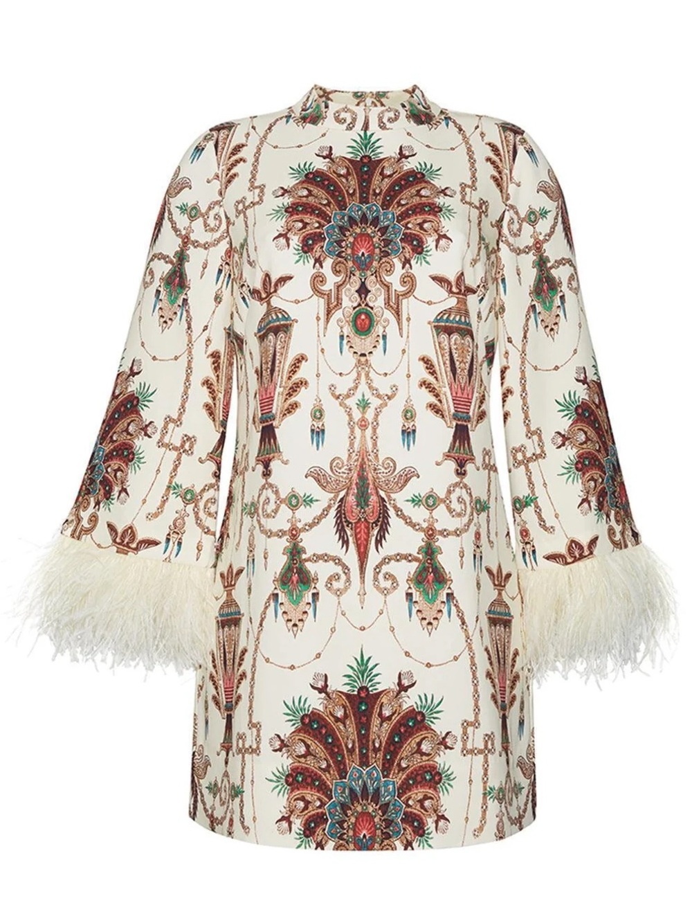 Cara Cara Vida Ivory Ornamental-Print Feather-Trim Long Sleeve Mini Dress